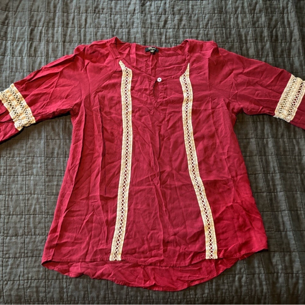 Cupio Womens Burgundy Boho Lace Trim 3/4 Sleeve Viscose Blouse Top Medium
